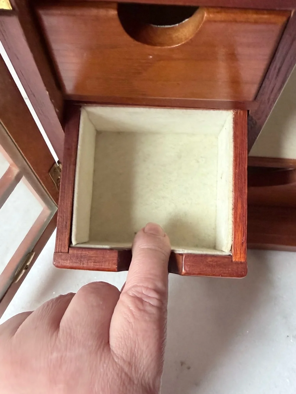 Wooden Glass-Front Jewelry Cabinet in Warm Brown vintage jewelry holder storage